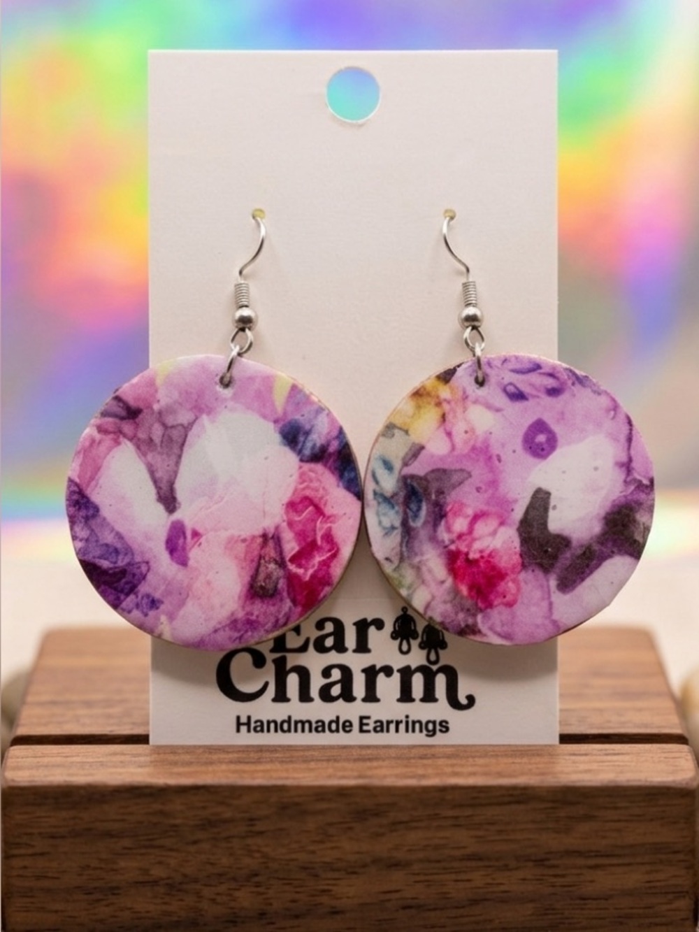 New Handmade Purple Floral Wood Resin Round Drop Earrings